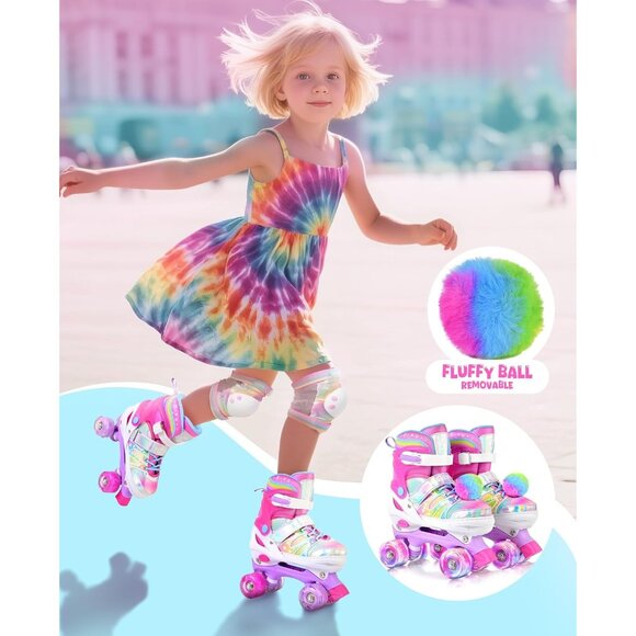 Kids Rose Red Rainbow Adjustable Light Up Roller Skates With Fluffy Pom Poms - Picture 6 of 9